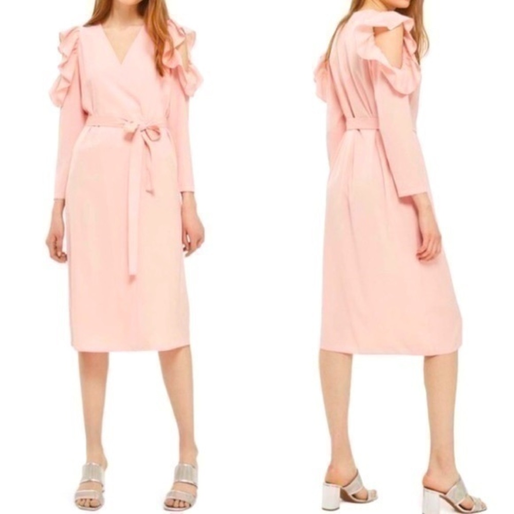Topshop Ruffle Cold Shoulder Wrap Dress blouse top 6 baby pink Barely Preloved